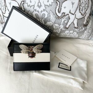 100% Authentic New Gucci Black/White Leather Queen Margaret Card Case / Wallet